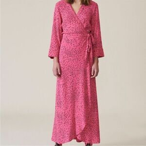 GANNI Barra Floral Printed Crepe Wrap Dress Sz 36 Hot Pink with Black Floral